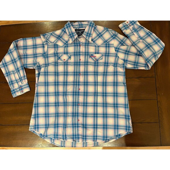 Wrangler Pink Blue Plaid Breast Cancer Awareness Snap Button Women's XXL - Picture 1 of 6